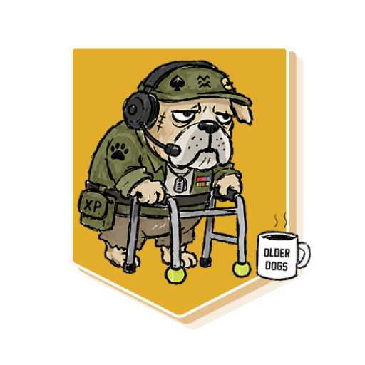 OlderDogs emblem: a grizzled bulldog in tactical gear leaning on a walker