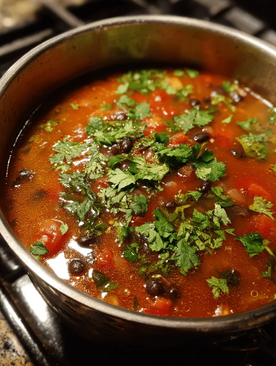 A rustic bowl of spicy black bean soup garnished with avocado, cilantro, and lime wedges, served with a spoon on a wooden table.