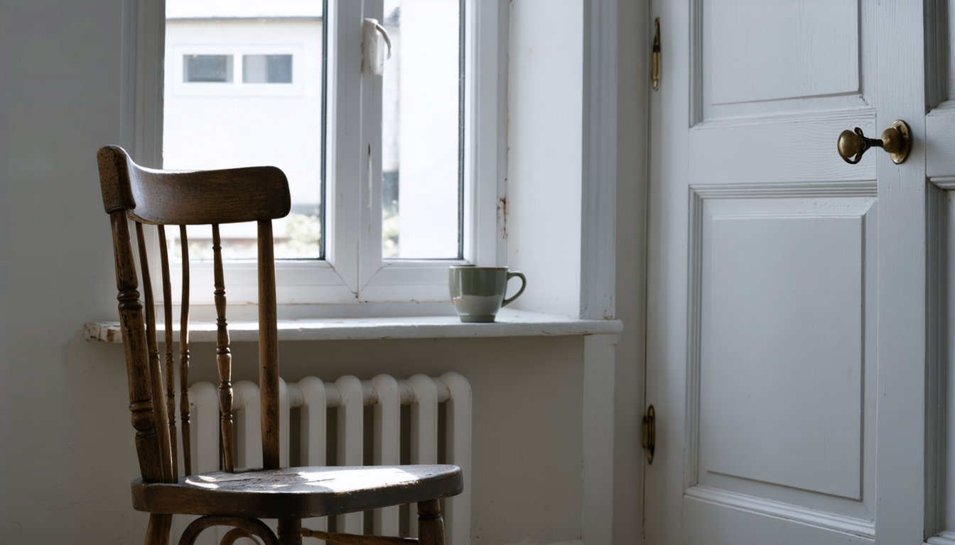 An empty chair worn smooth by decades of the same stillness, holding nothing but the light it was never asked to become.
