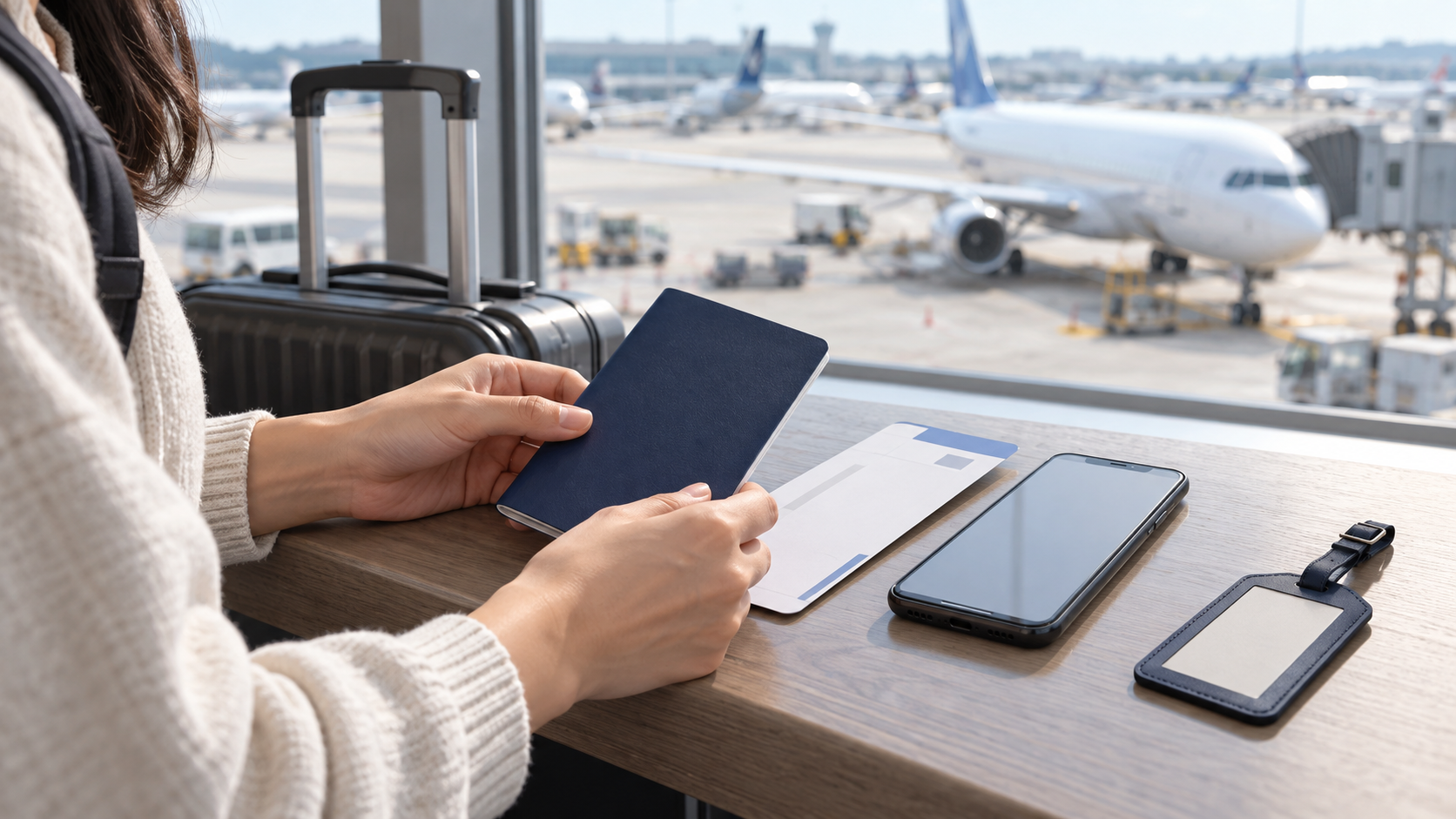 공항 창가에서 여권과 휴대전화, 탑승권을 출발 전에 확인하는 여행자