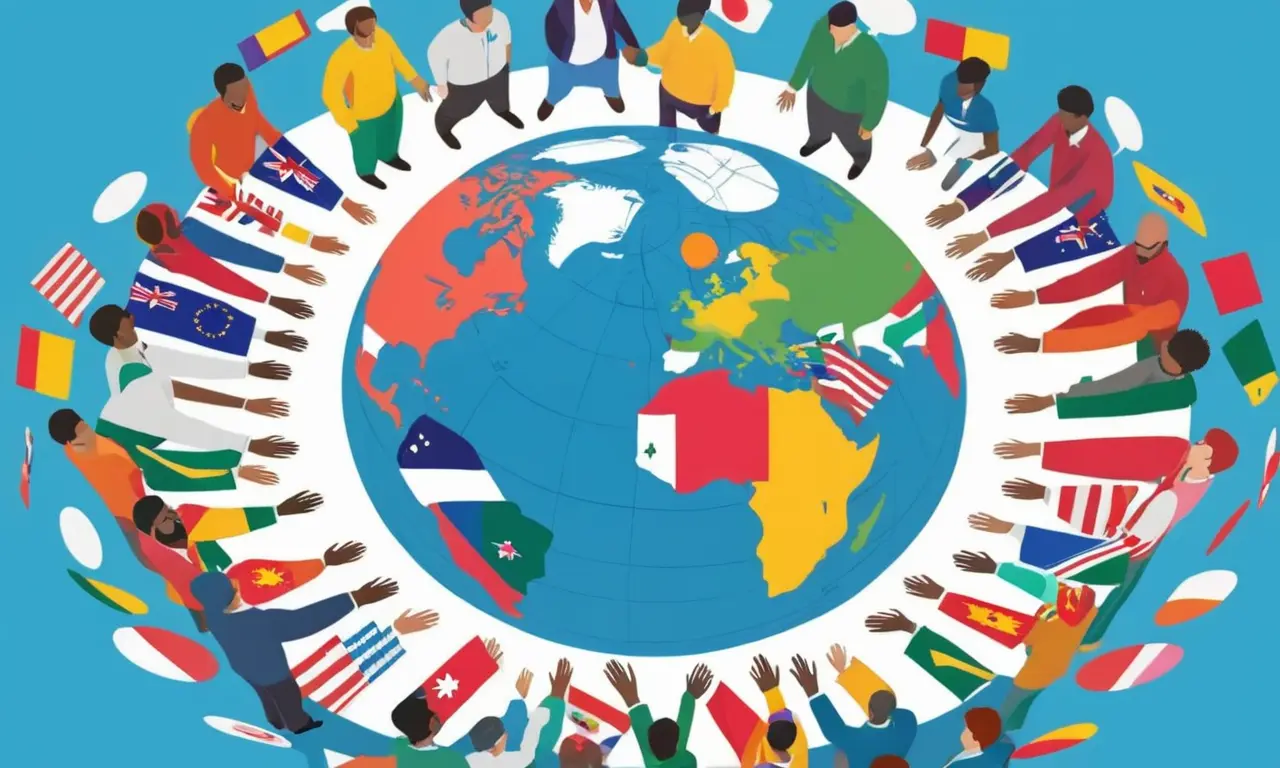 Una persona de diversos orígenes culturales que agita las manos alrededor de un globo, rodeado de banderas y burbujas de habla.