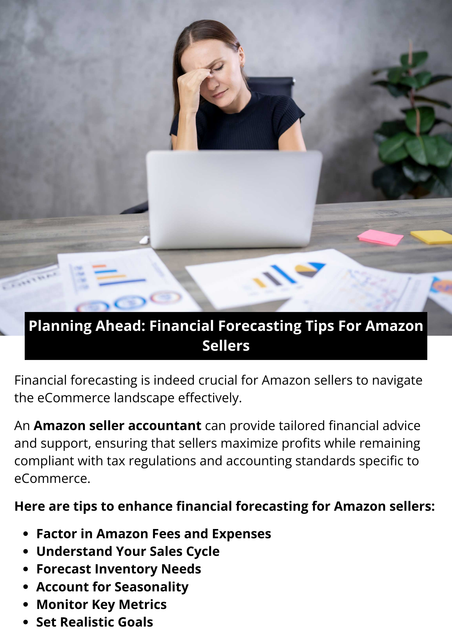 Financial forecasting is a powerful tool for Amazon sellers to plan ahead, make informed decisions, and drive business growth. By understanding your sales cycle, setting realistic goals, monitoring key metrics, and leveraging forecasting tools, you can navigate the complexities of eCommerce with confidence. To know more visit here https://www.esenshi.com/amazon-fba-accounting-services