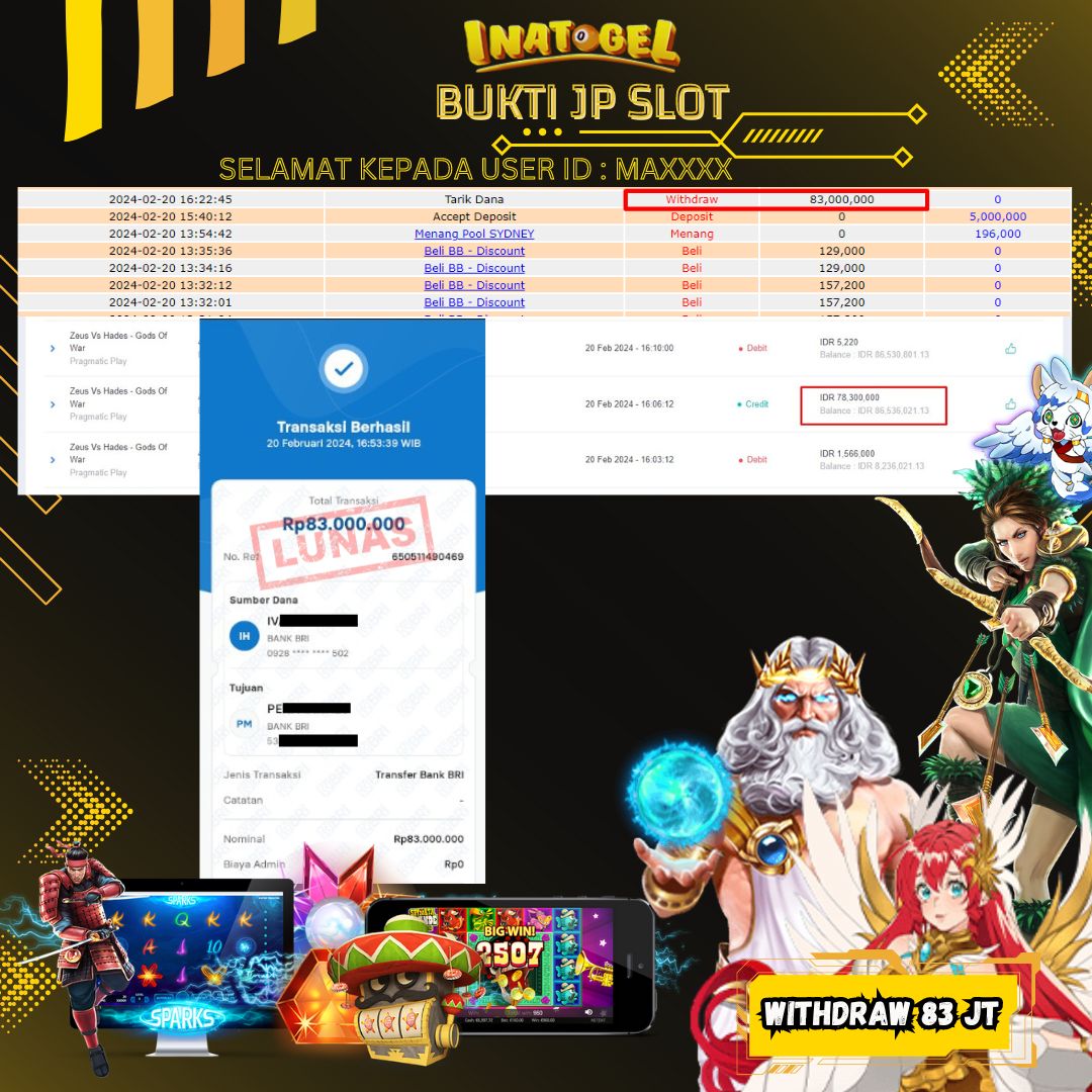 BUKTI PEMBAYARAN JP SLOT ZEUS VS GADES  - GODS OF WAR Rp83,000,000,- LUNAS