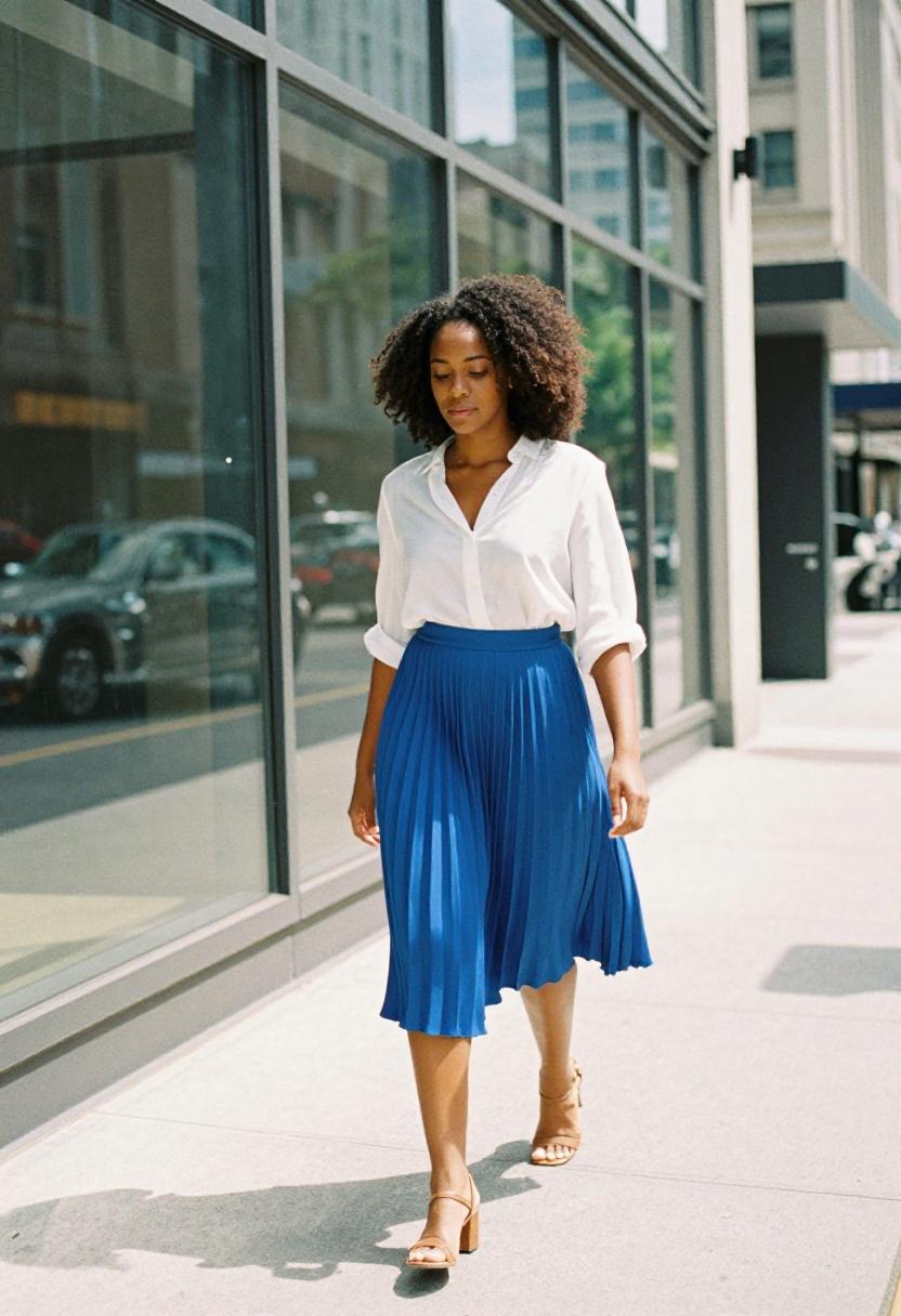 Cobalt blue pleated midi skirt, crisp spring street style urban look