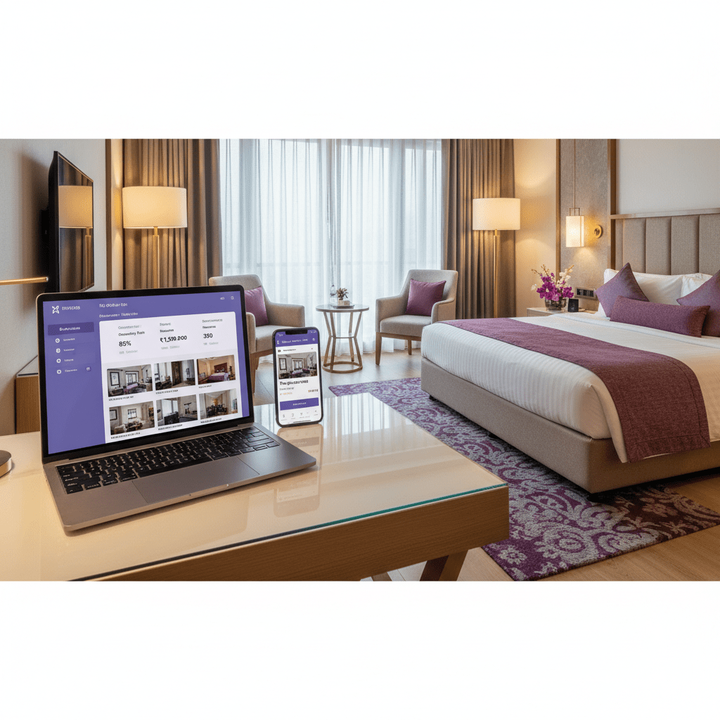 A hotelier managing OTA visibility with a laptop, phone, and bright hotel room
