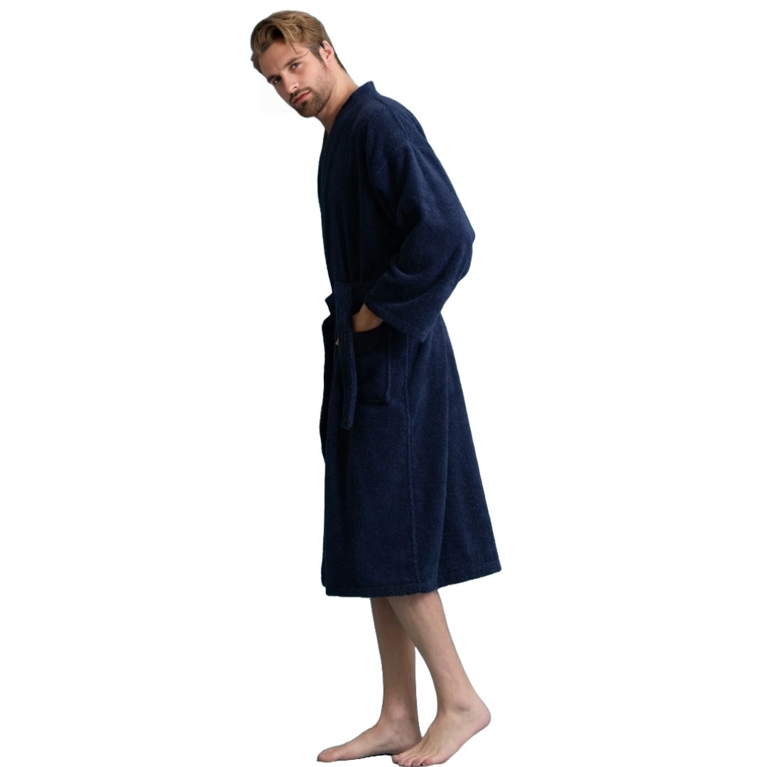 Unisex Men's Terry Cotton Dark Blue-Navy-Bathrobe (One Size) view 2