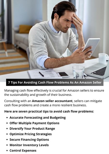 To avoid cash flow problems as an Amazon seller, monitor your cash flow regularly, manage inventory levels wisely, and keep track of expenses. Set aside funds for seasonal fluctuations and unexpected costs. Use financial tools to forecast cash needs and maintain a buffer for emergencies. Efficiently handle receivables and payables to ensure a steady cash flow. To know more visit here https://www.esenshi.com/amazon-fba-accounting-services
