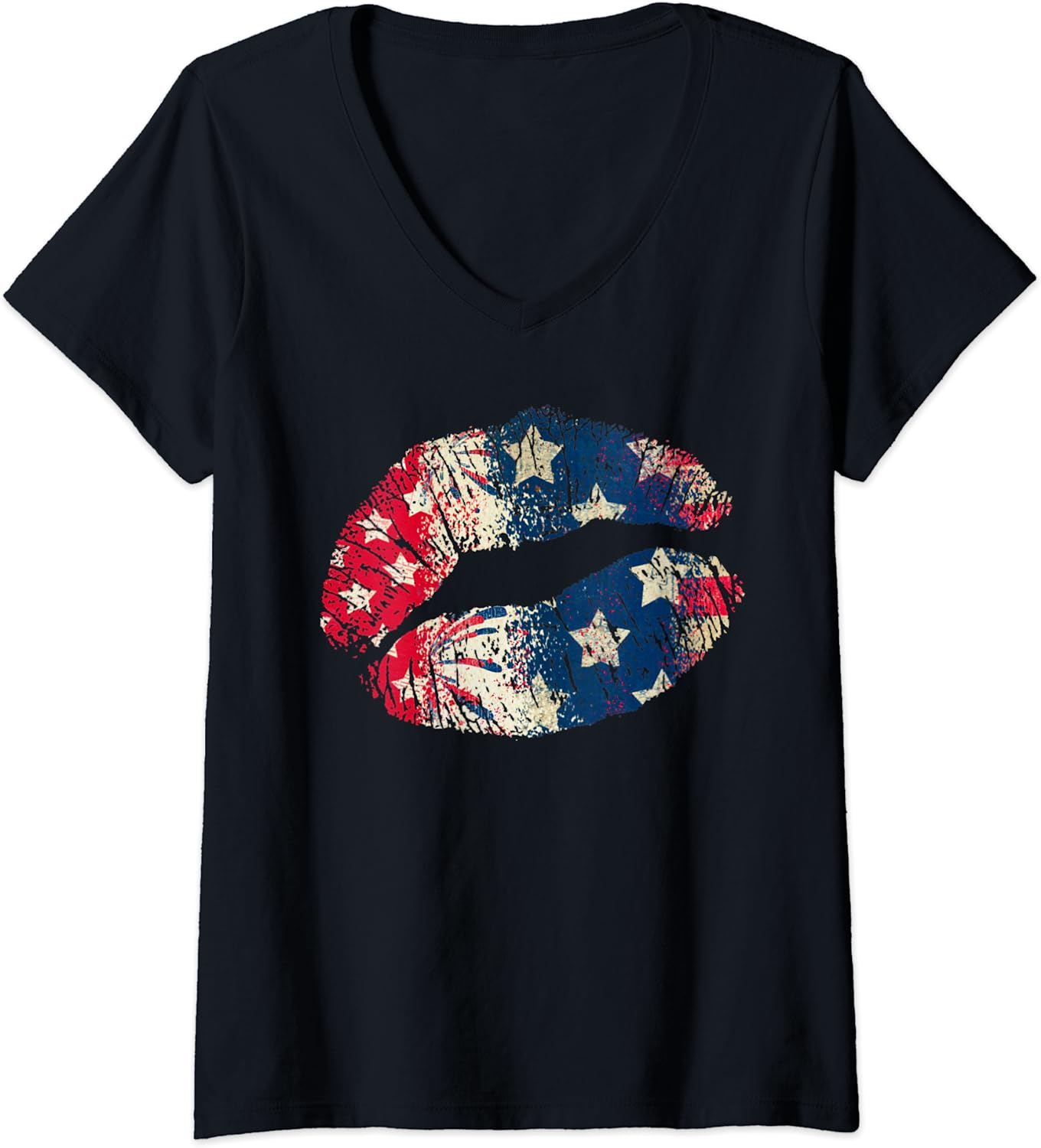 Sexy Kissing Lips American Flag July 4th Makeup Gift Ladies’ V-Neck Tshirt