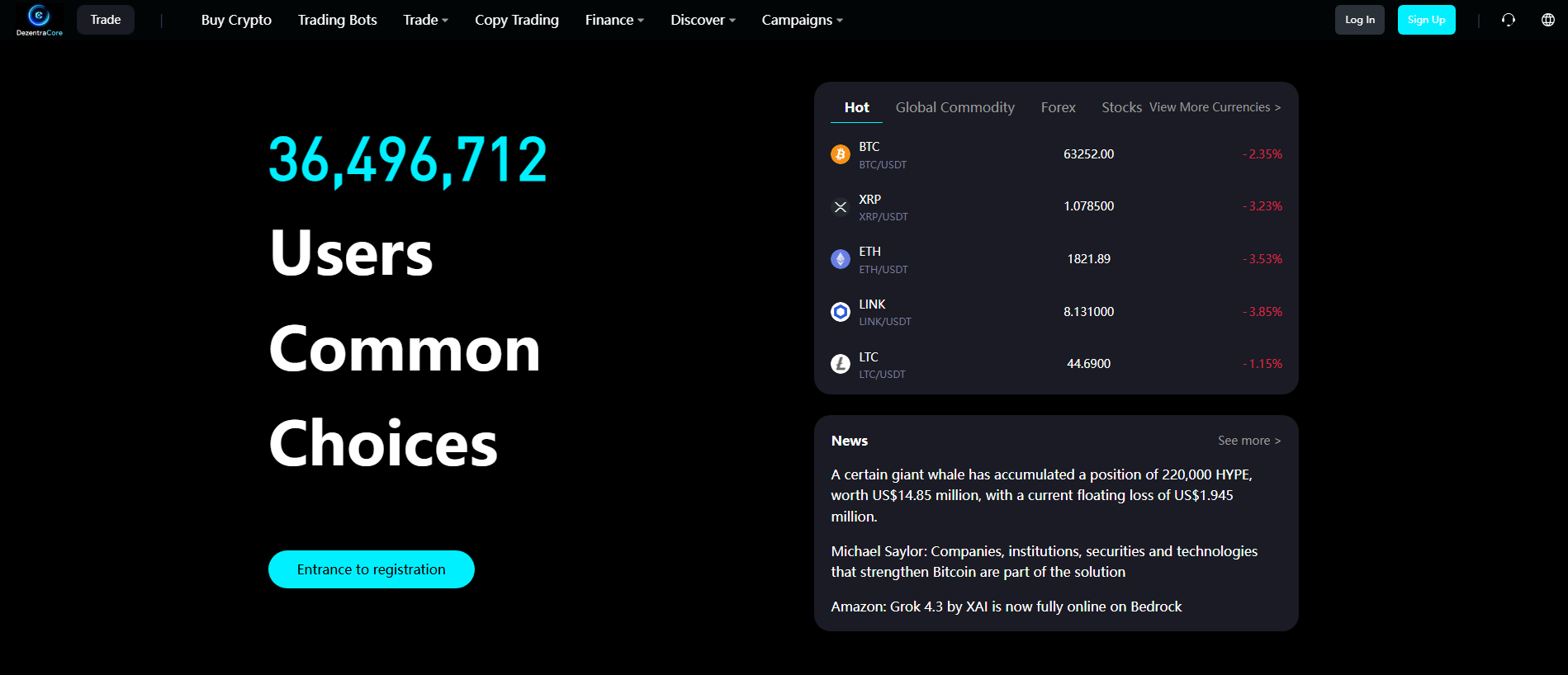 Forensic screenshot of dezentracore.cam showing the phishing page layout