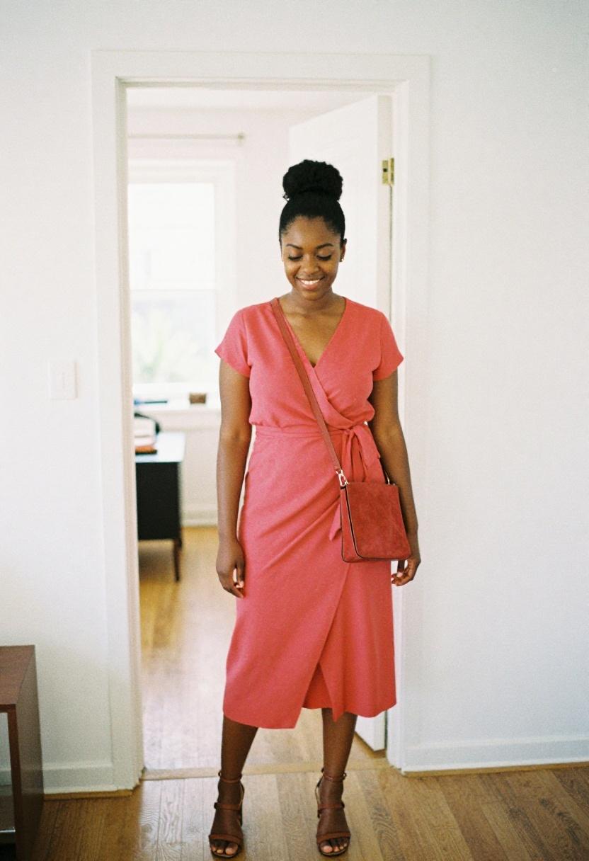 Woman in raspberry wrap dress with matching suede crossbody bag looking polished and put-together