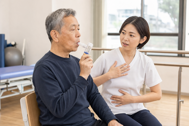 専門職の指導を受けながら座位で呼吸筋トレーニング器具を使う高齢者