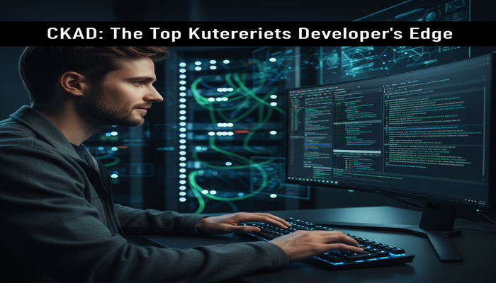 CKAD: The Top Kubernetes Developer's Edge A focused male Kubernetes application developer typing commands on a terminal, displaying complex cluster logs, in a modern, high-tech data center environment, symbolizing practical CKAD expertise and career advancement. The text 'CKAD: The Top Kubernetes Developer's Edge' is visible.