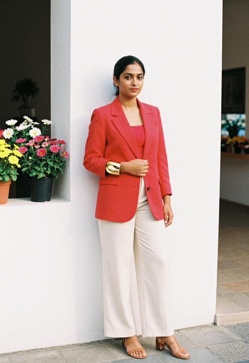 Cherry red blazer with ivory wide-leg trousers for gallery-ready date outfit