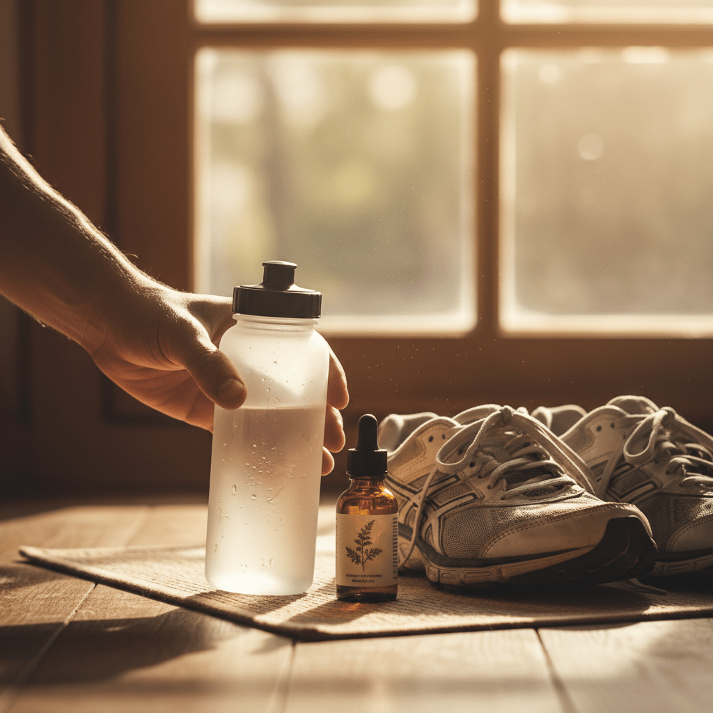 Runner resting with water bottle and herbal oil beside running shoes