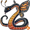 Pixel art of an unofficial Buttersnake familiar. It has a black body, an orange underbelly, and monarch butterfly wings.