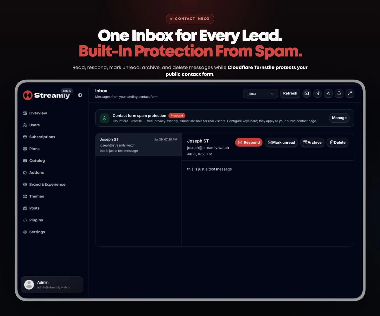 Streamly contact inbox with message actions and Cloudflare Turnstile spam protection