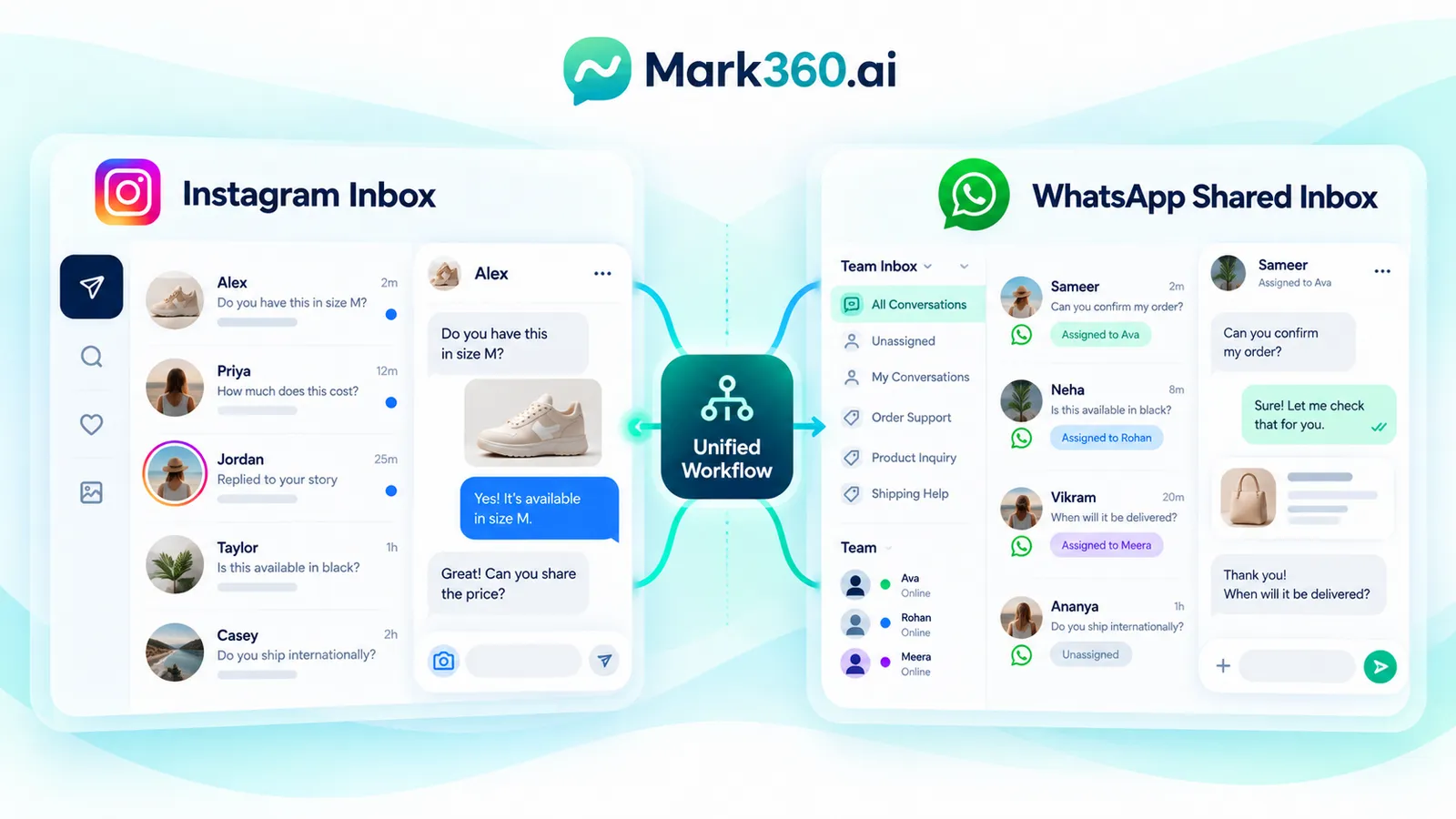 Comparison of Instagram inbox and WhatsApp shared inbox for customer conversations