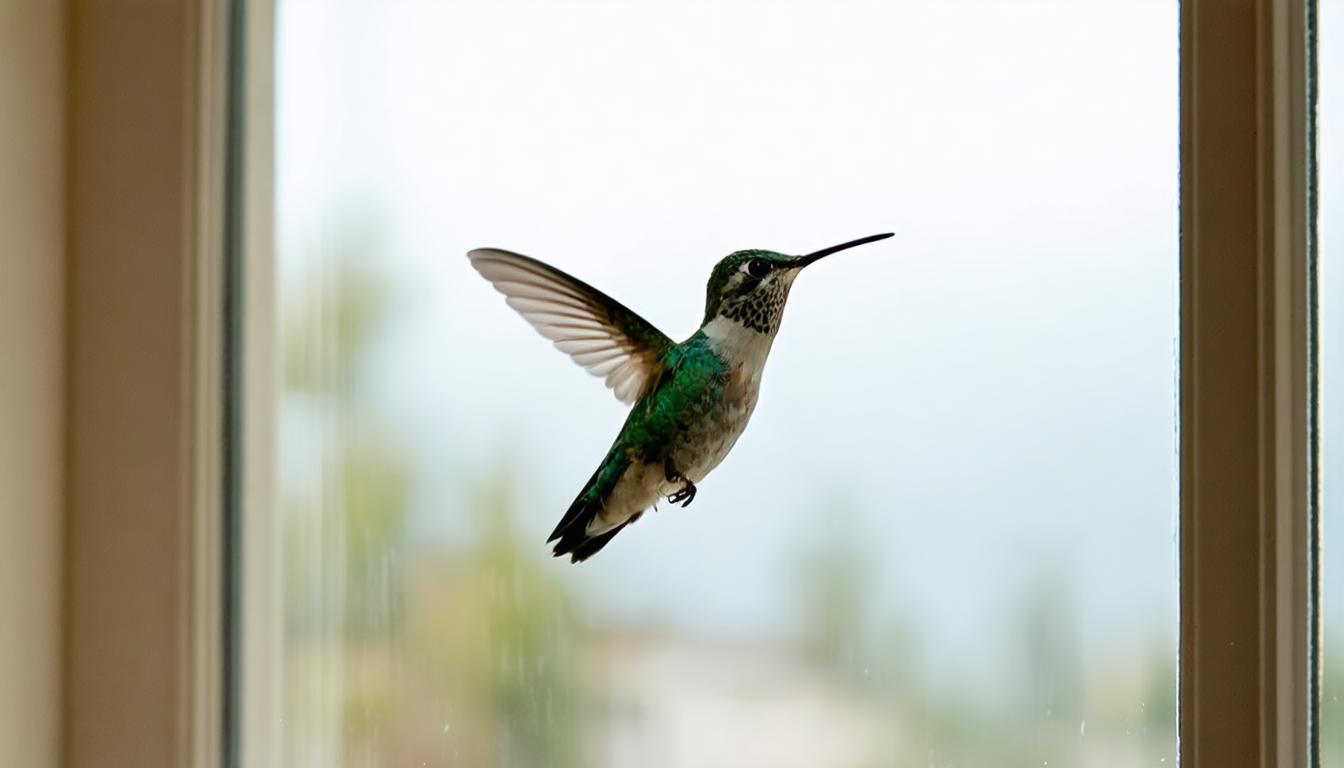 A hummingbird mid-hover seen from behind, wings blurred into a translucent disc, facing a window that reflects only sky.