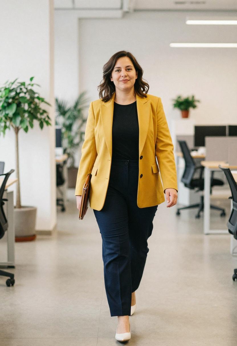 Mustard yellow blazer over navy wide-leg trousers for confident travel outfit