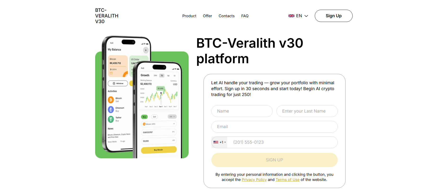Forensic screenshot of btc-veralith-v30.sbs showing the phishing page layout