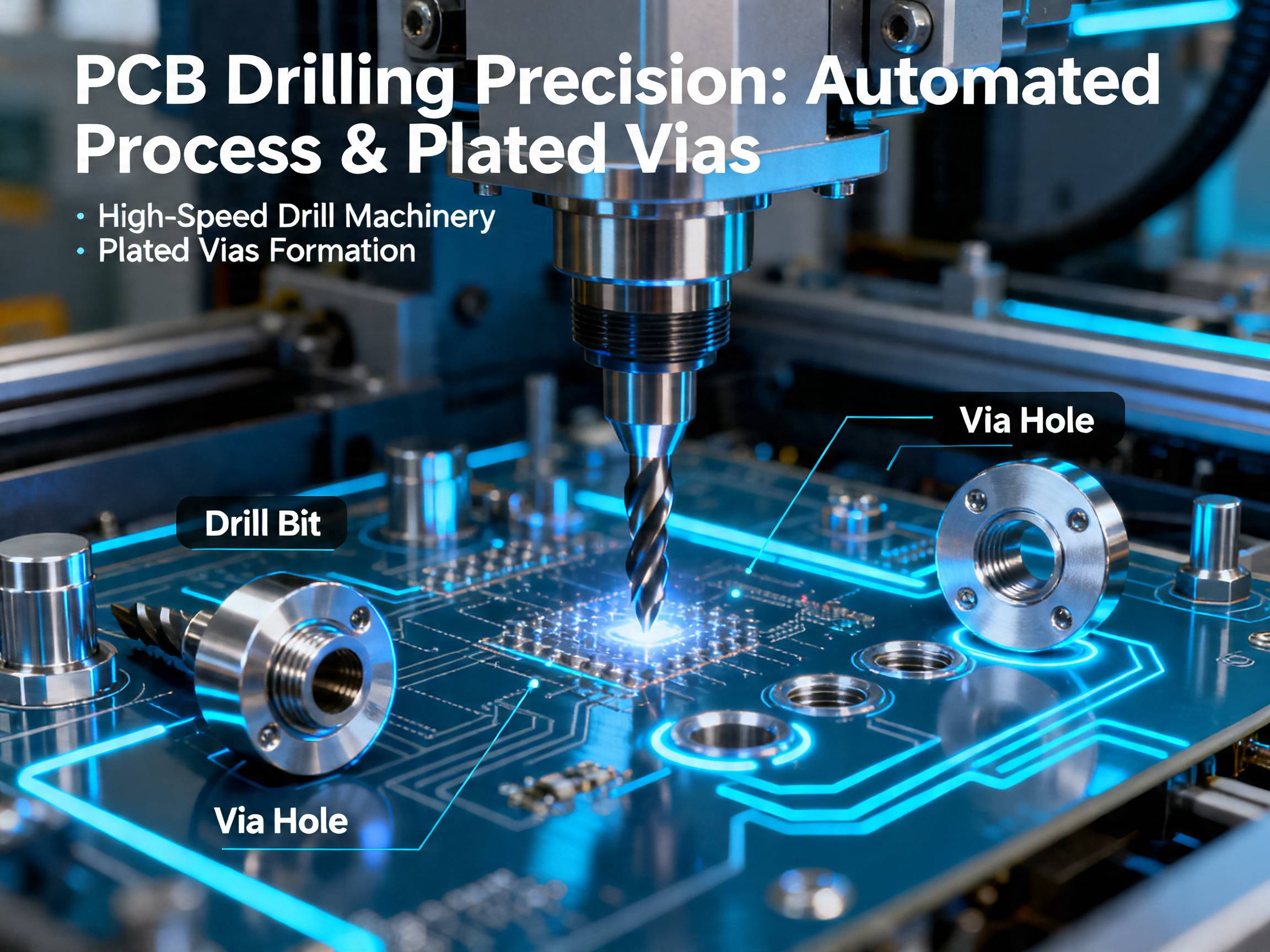 Precision via drilling and plating process for PCBs.