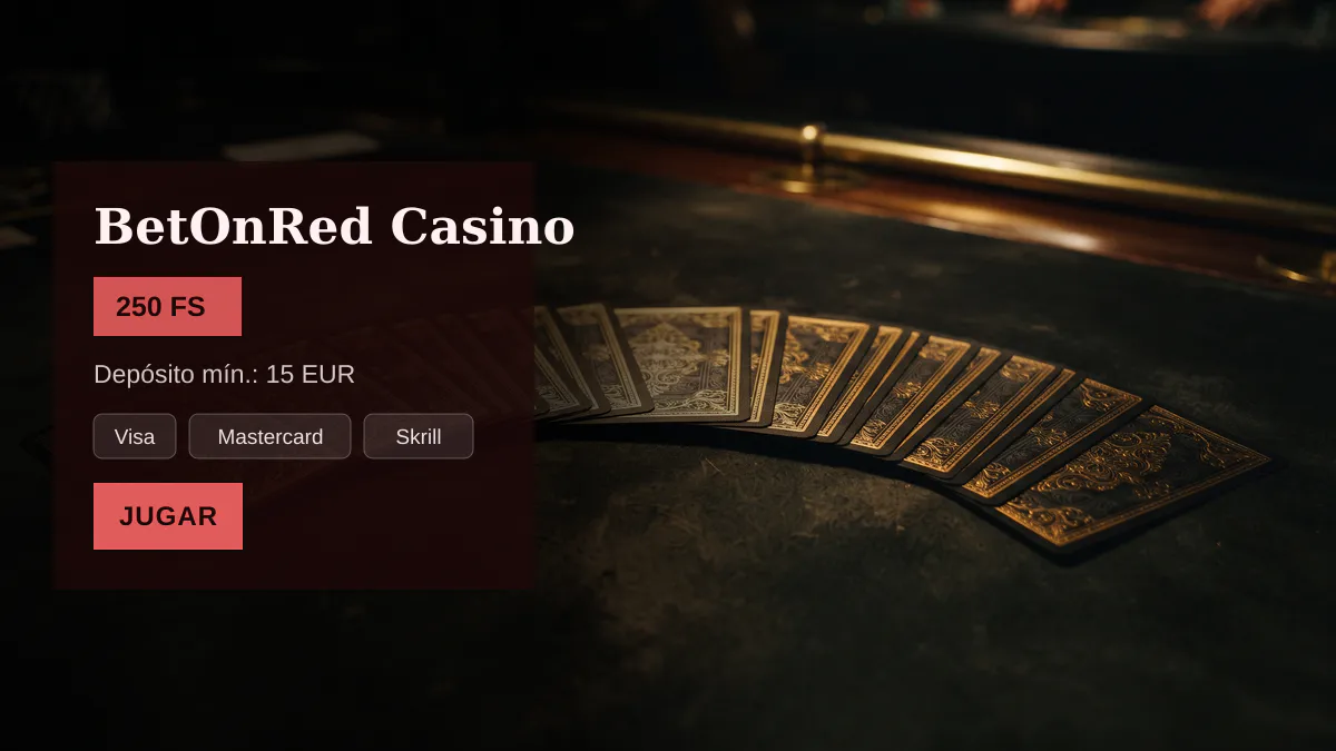 BetOnRed Casino — bono de bienvenida 25% hasta 100€ + 250 FS, pagos: Visa, Mastercard, Skrill, Neteller, Paysafecard