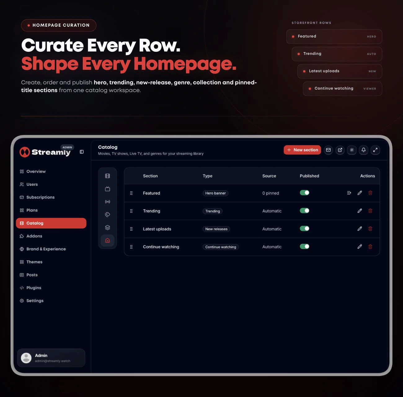 Streamly homepage curation with ordered featured, trending, new-release and continue-watching sections