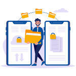 Secure file sharing concept showing data packets safely transmitting between users
