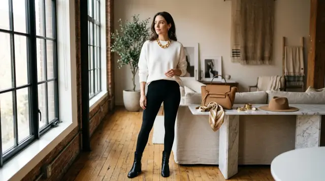 Stylish woman in minimalist outfit with bold gold statement necklace near curated accessories display