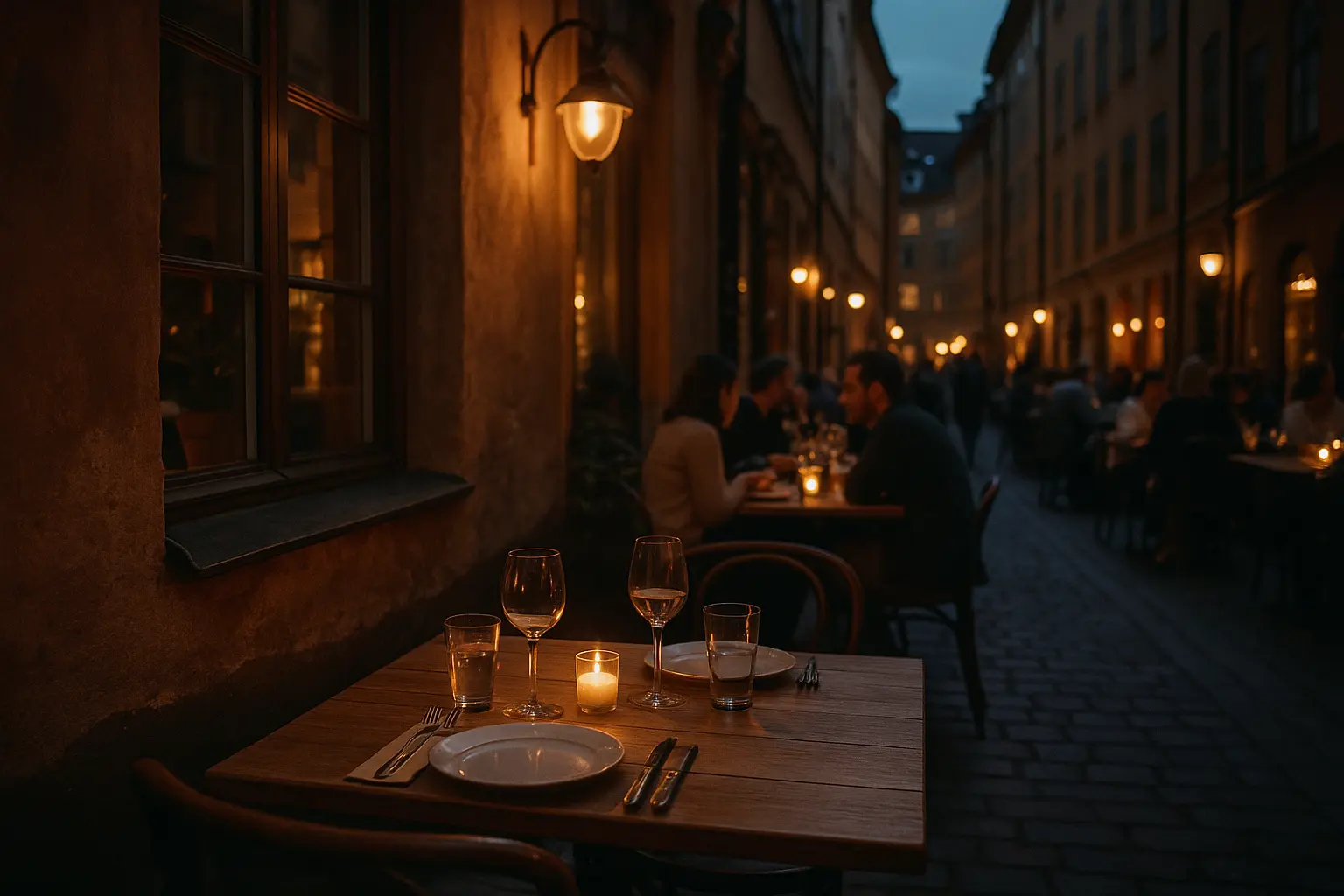 Dækket bord på en hyggelig restaurant med levende lys i Indre By.