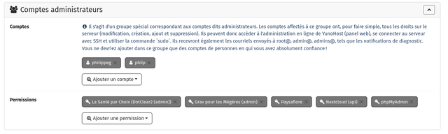 comptes administrateurs ynh