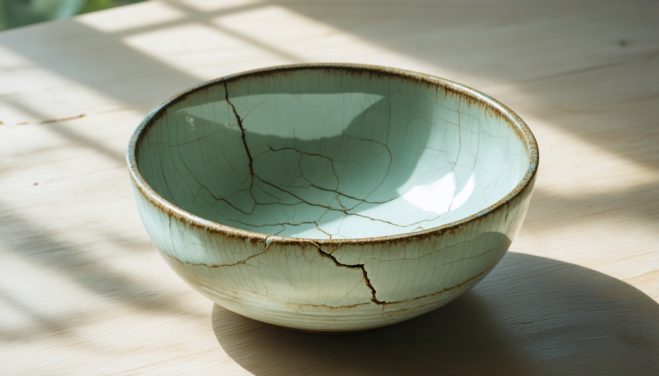 A ceramic bowl seen from above, empty interior with a single hairline crack running across the glaze