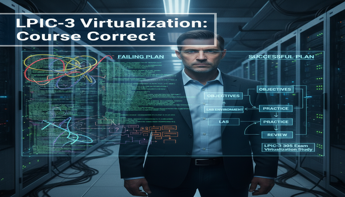 LPIC-3 Virtualization: Course Correct An IT professional analyzing a holographic display. One side shows chaotic, tangled data representing a failing LPIC-3 virtualization exam plan, while the other side illuminates a clear, structured study roadmap for LPIC-3 305 exam success. Text: LPIC-3 Virtualization: Course Correct.