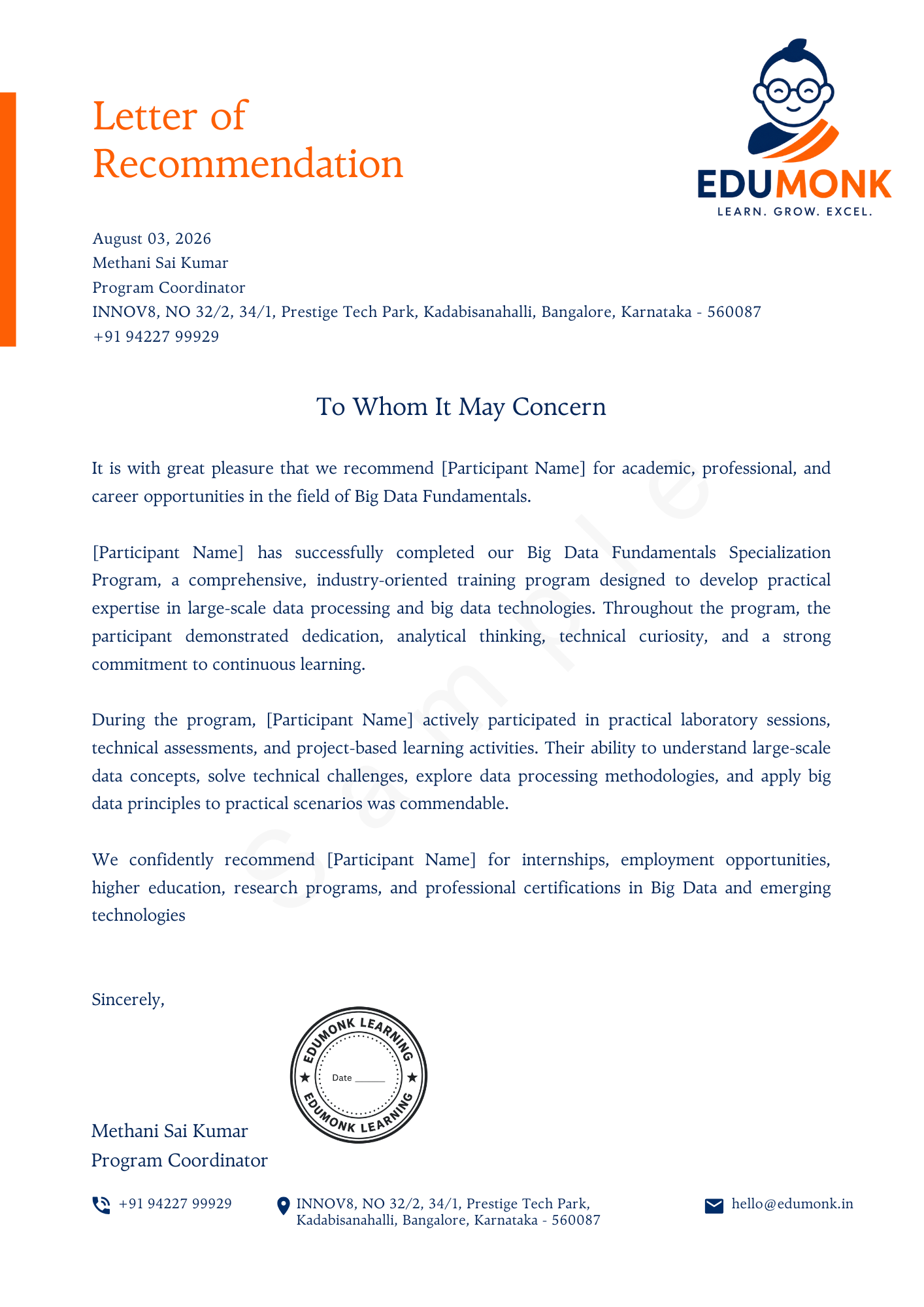 Sample EduMonk Letter of Recommendation for the Big Data Fundamentals Certificate of Specialisation