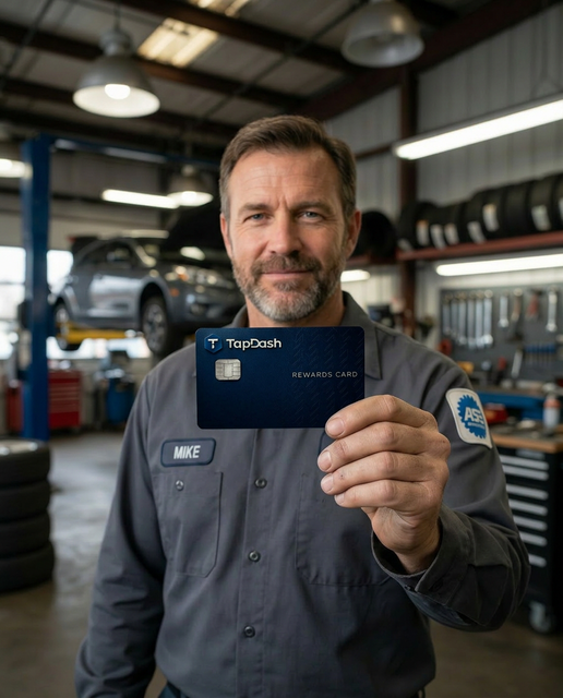 Tom, Auto Shop Owner, using a TapDash Rewards Card