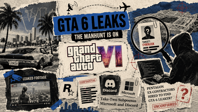 Editorial collage showing GTA 6 leaks, Rockstar's investigation and a digital manhunt