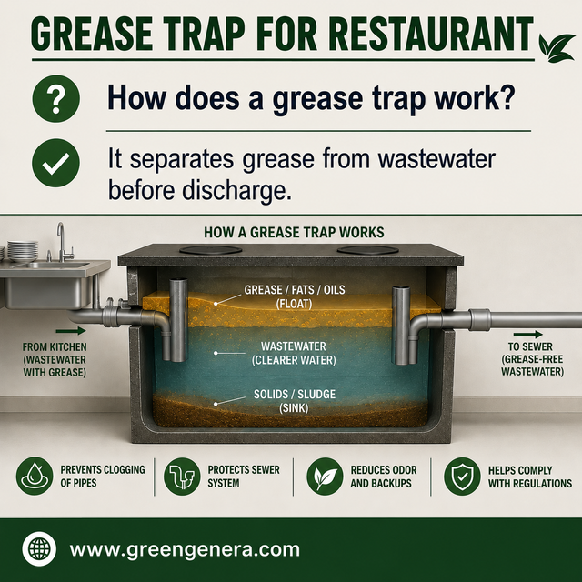 A grease trap works by slowing the flow of wastewater from sinks, dishwashers, and kitchen equipment. As the water enters the trap, it cools down, causing fats, oils, and grease (FOG) to float to the surface because they are lighter than water. At the same time, heavier food particles and debris settle at the bottom. The cleaner water in the middle layer then flows out into the sewer system. This separation process helps prevent grease buildup in pipes, reduces the risk of blockages and sewer overflows, and ensures compliance with plumbing and environmental regulations. Regular cleaning and maintenance are essential to keep the grease trap functioning efficiently and to avoid unpleasant odors, backups, and costly repairs.

https://www.greengenra.com/benefit-of-installing-grease-trap-for-restaurants