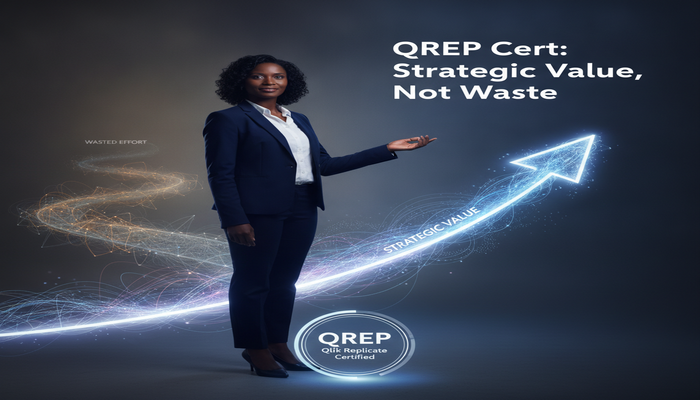 QREP Cert: Strategic Value, Not Waste A confident data professional making a clear, strategic choice on an illuminated path forward, symbolizing the high value and ROI of a QREP Qlik Replicate certification, while a chaotic, dim path of wasted effort fades in the background. Features abstract data streams and modern tech elements.
