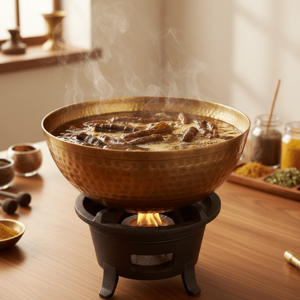 Traditional Ayurvedic preparation of ashwagandha oil in brass vessel
