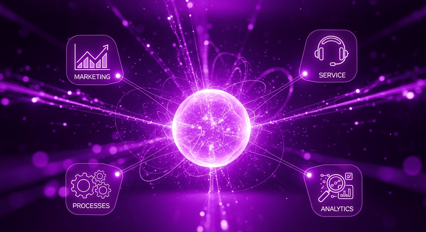 A central orb connected to four icons symbolizing different types of AI automation.