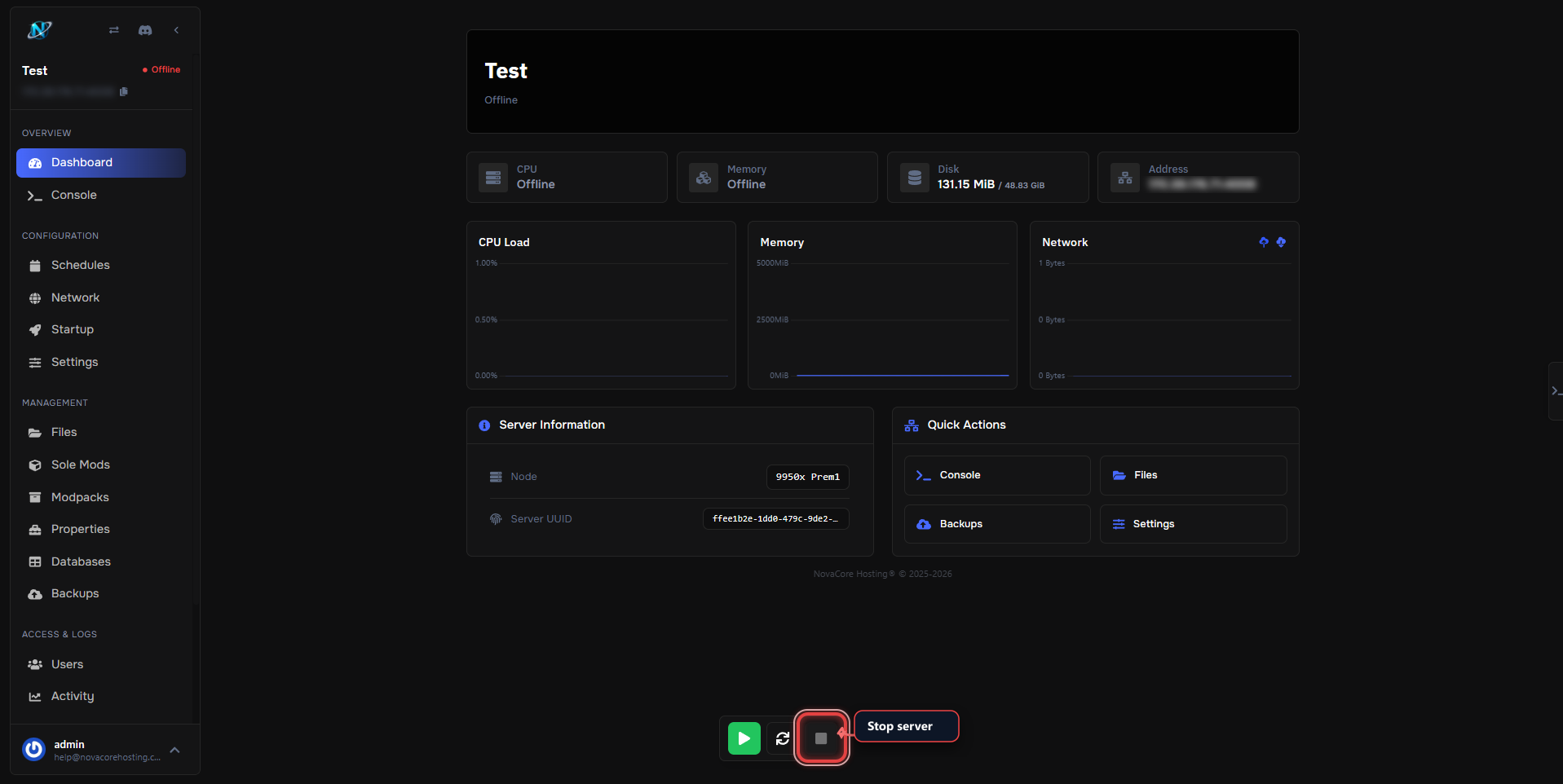 Server console stop button