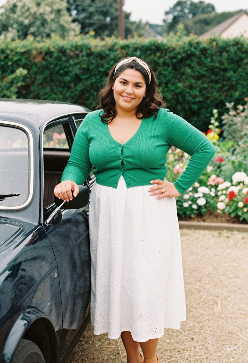 Plus-size woman in emerald green cropped ribbed cardigan over white broderie anglaise midi dress, vintage spring style
