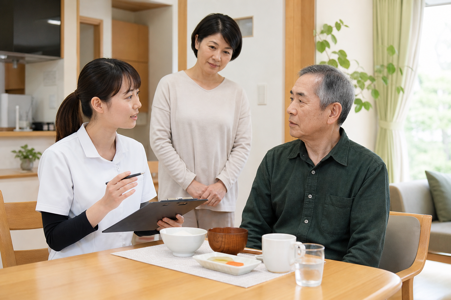 言語聴覚士が嚥下評価と食事環境を説明する場面