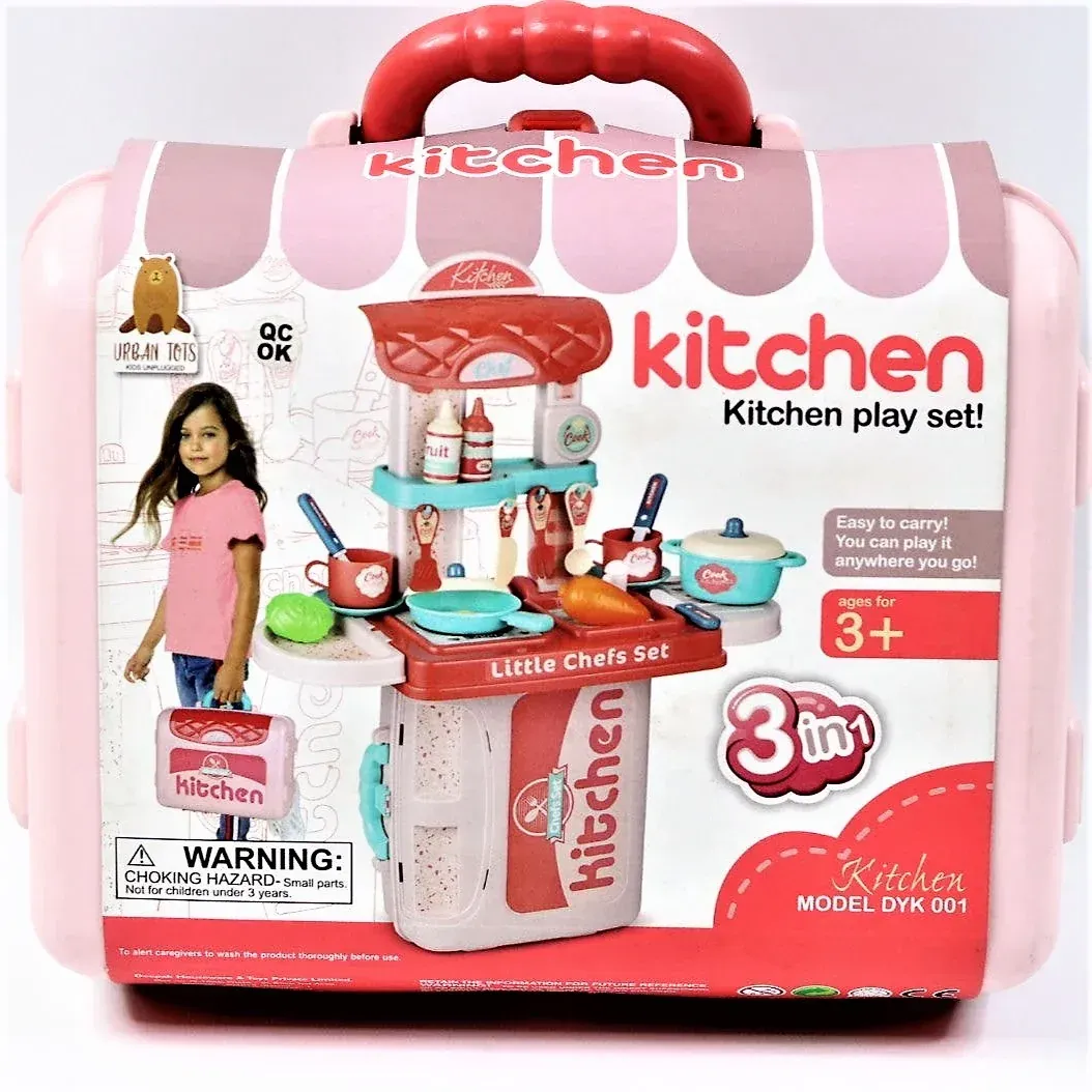 3 in 1 Pretend to Play Little Chef's Plastic Kitchen Set with Portable Suitcase Design (19 Pieces, Multicolor) - ToyMall Manjeri