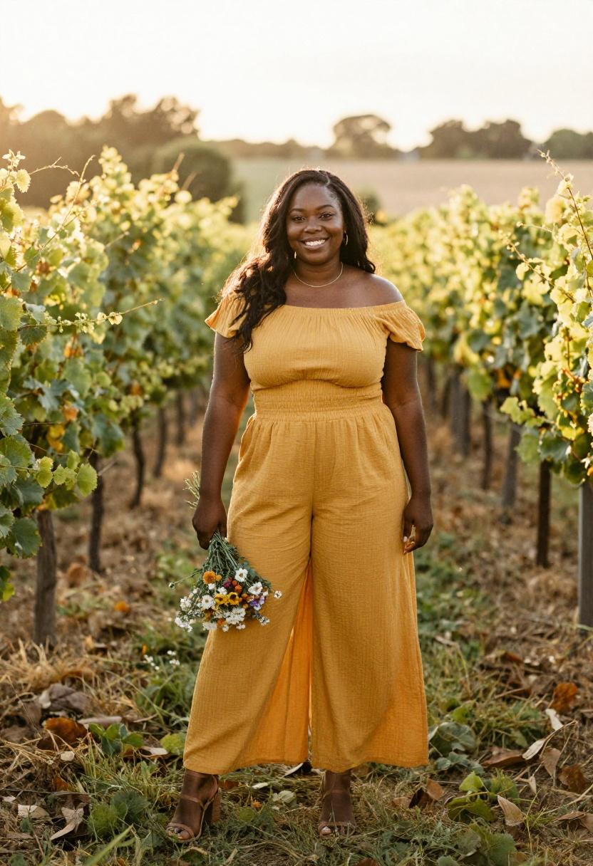 Plus size woman in mustard yellow palazzo co-ord set in golden-hour vineyard light