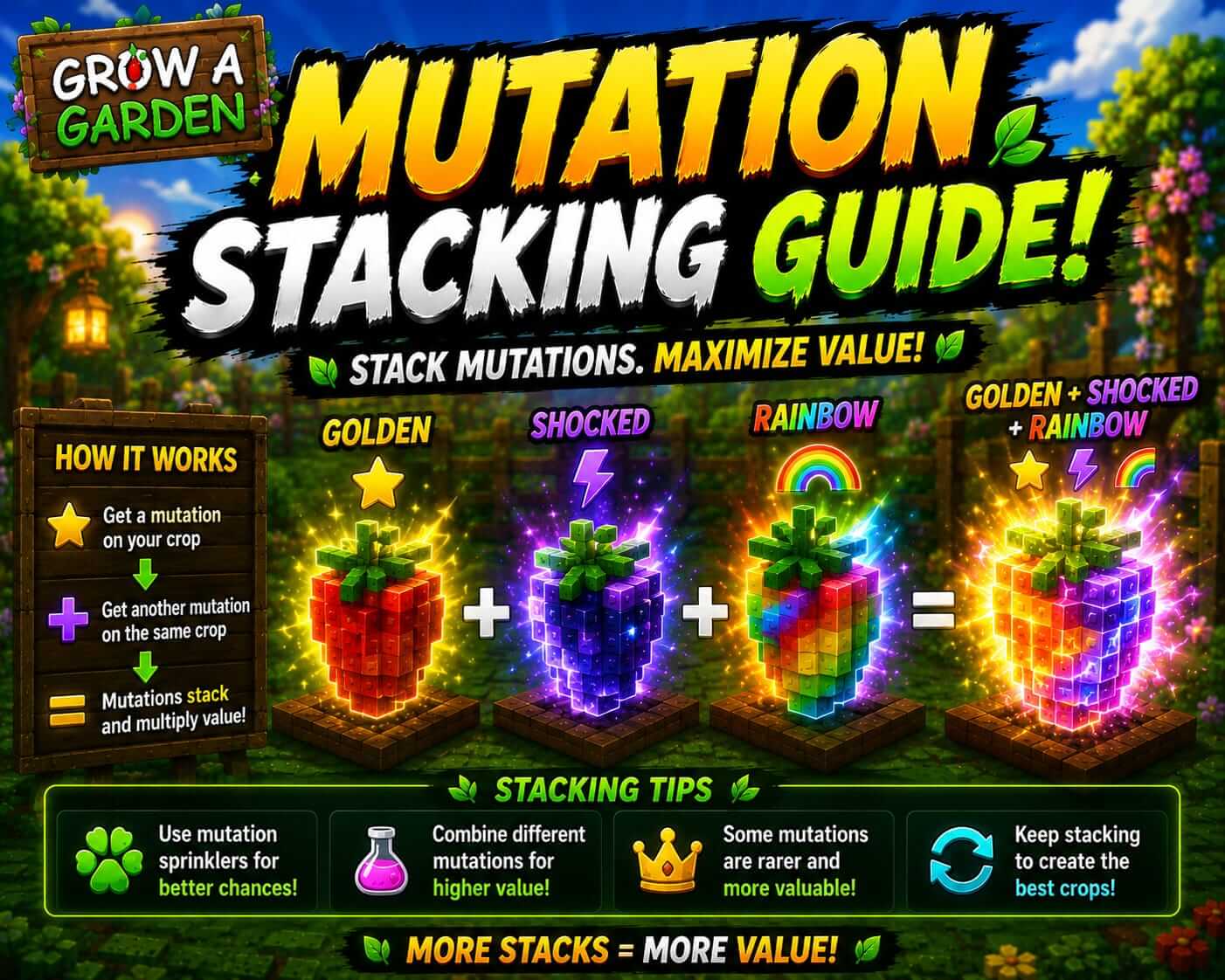 Mutation stacking guide Grow a Garden 2026 multiplicative formula Celestial Shocked best stacks trillion Sheckles crops