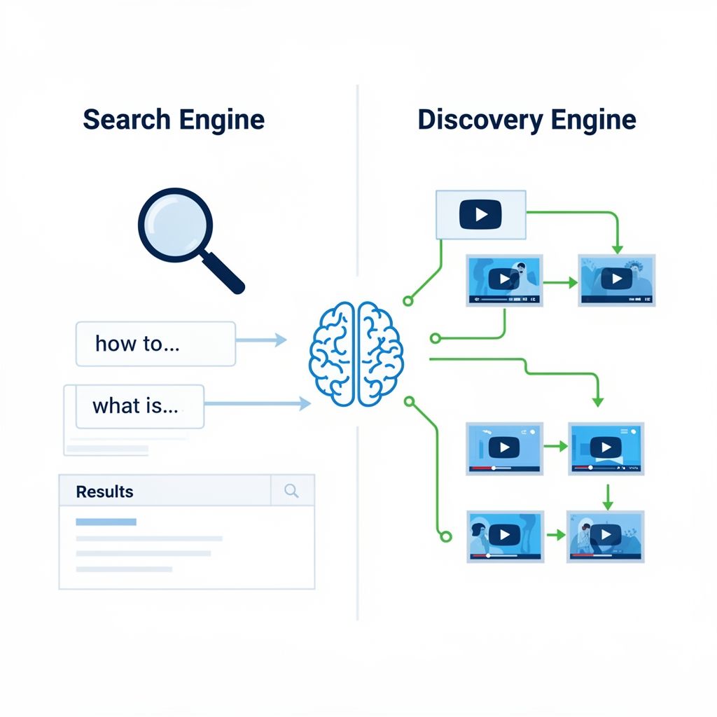 Infographic illustrating YouTube's dual role as a Search Engine and a Discovery Engine for podcasts