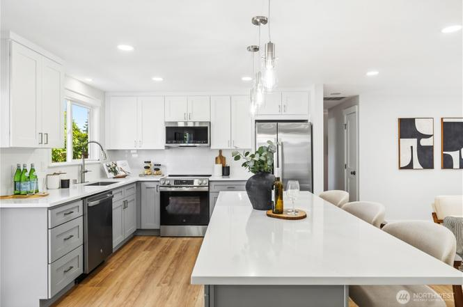 Custom kitchen island with pendant lighting