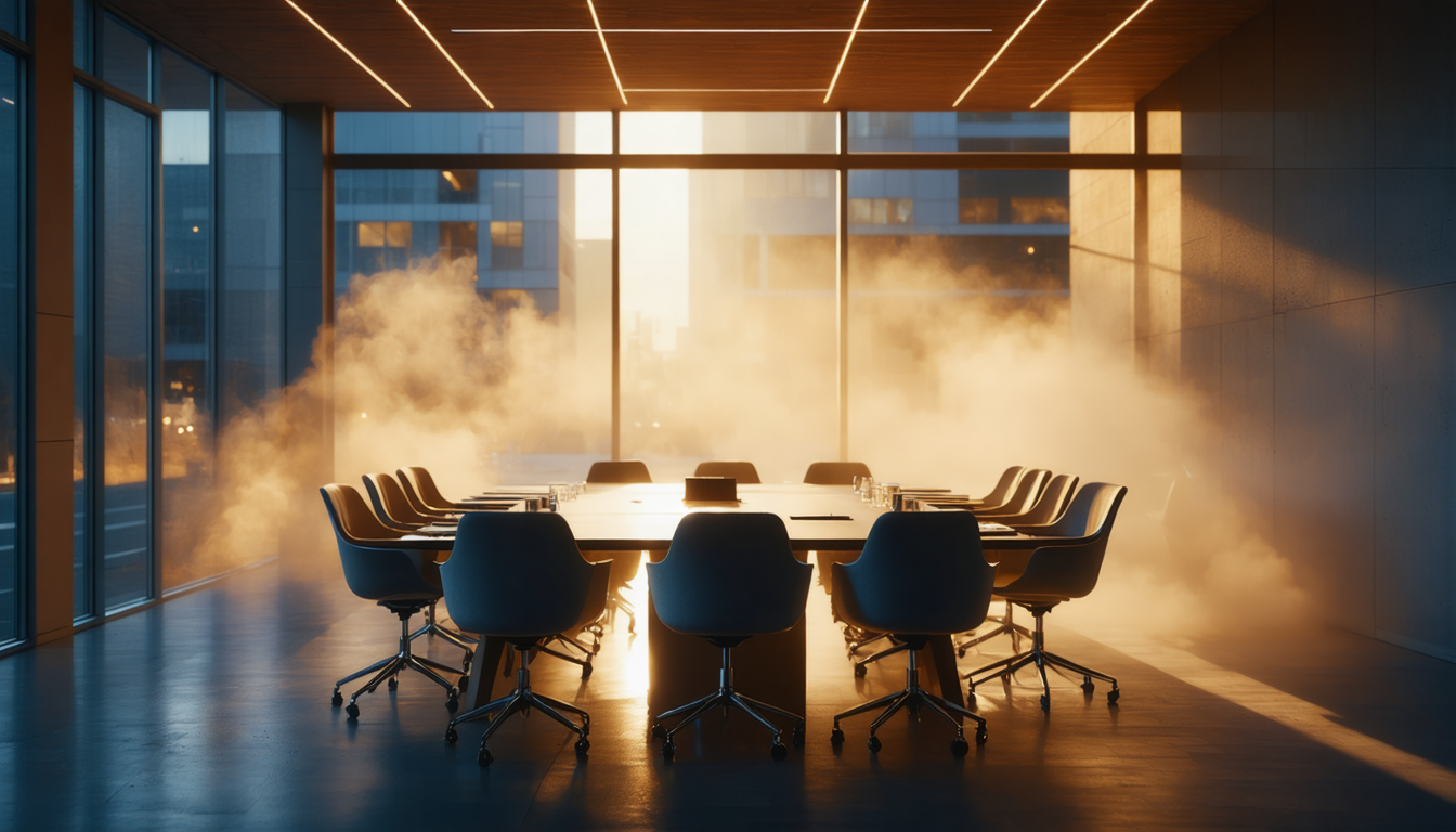 An empty conference room at night, chairs slightly askew, low warm light from the street through tall windows, dust visible in the air.