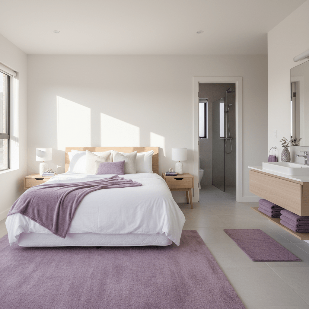 Bright tidy Airbnb bedroom and bathroom staging with crisp bed and hotel-like minimal decor
